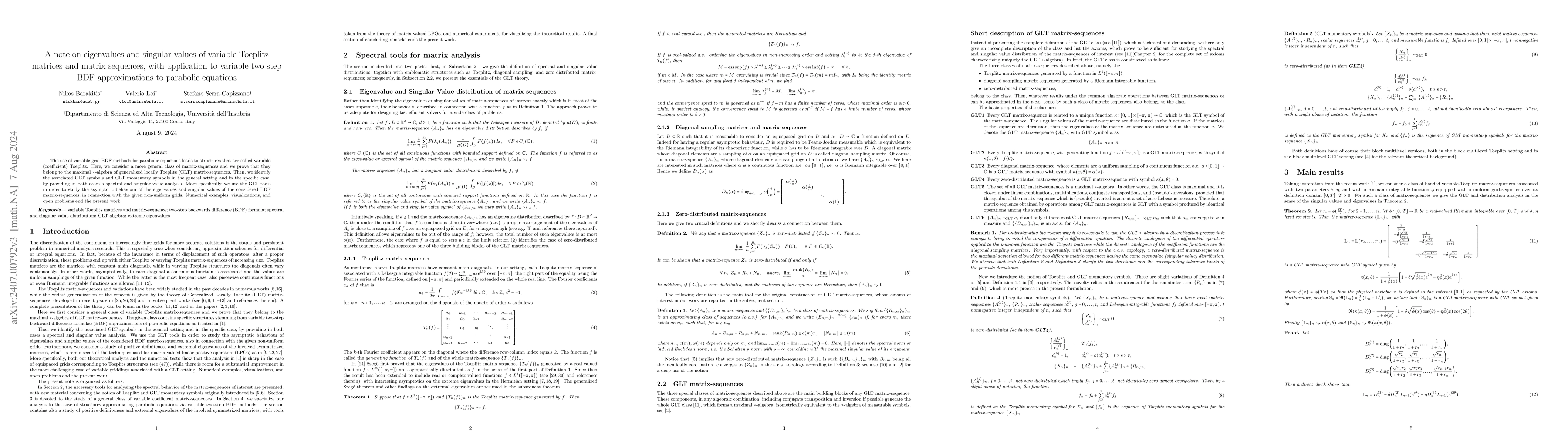 Thumbnail for A note on eigenvalues and singular values of variable Toeplitz matrices
  and matrix-sequences, with application to variable two-step BDF
  approximations to parabolic equations