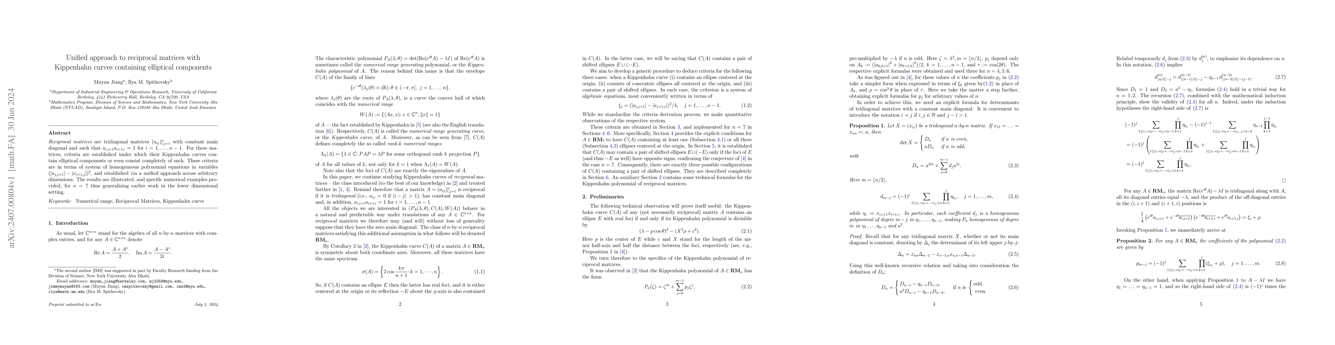 Thumbnail for Unified approach to reciprocal matrices with Kippenhahn curves
  containing elliptical components
