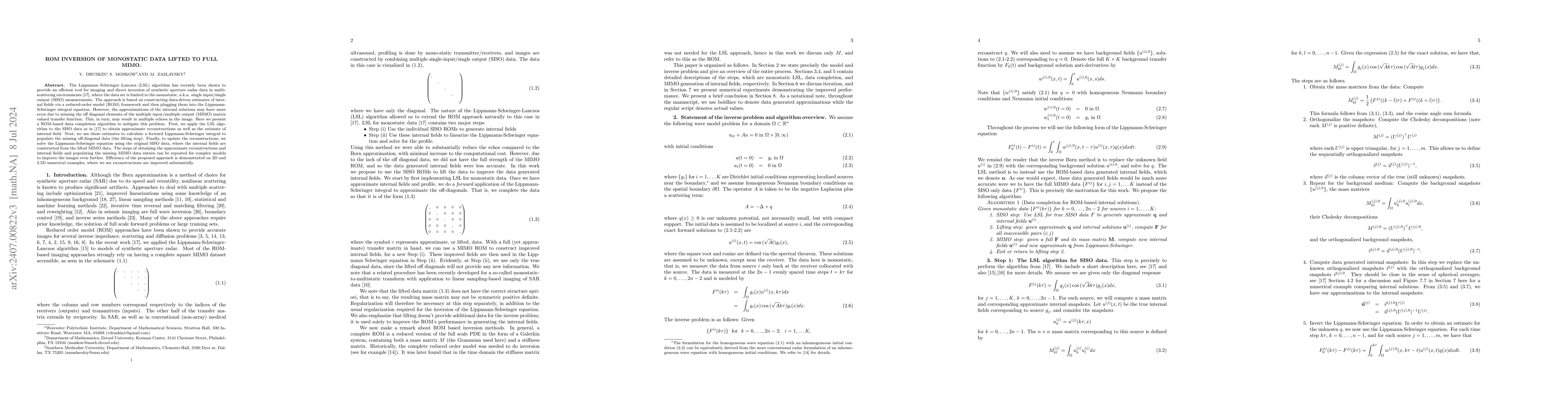 Thumbnail for ROM inversion of monostatic data lifted to full MIMO