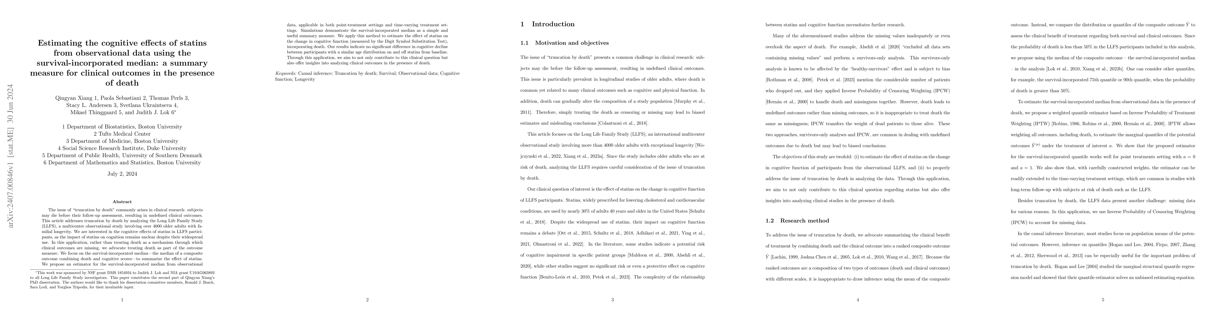 Thumbnail for Estimating the cognitive effects of statins from observational data
  using the survival-incorporated median: a summary measure for clinical
  outcomes in the presence of death