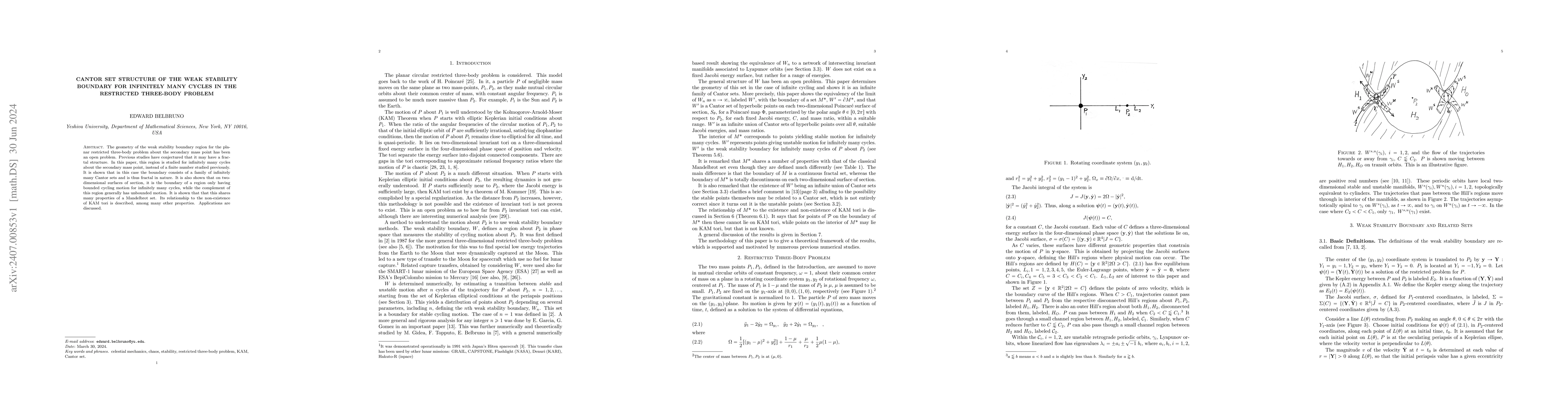 Thumbnail for Cantor Set Structure of the Weak Stability Boundary for Infinitely Many
  Cycles in the Restricted Three-Body Problem