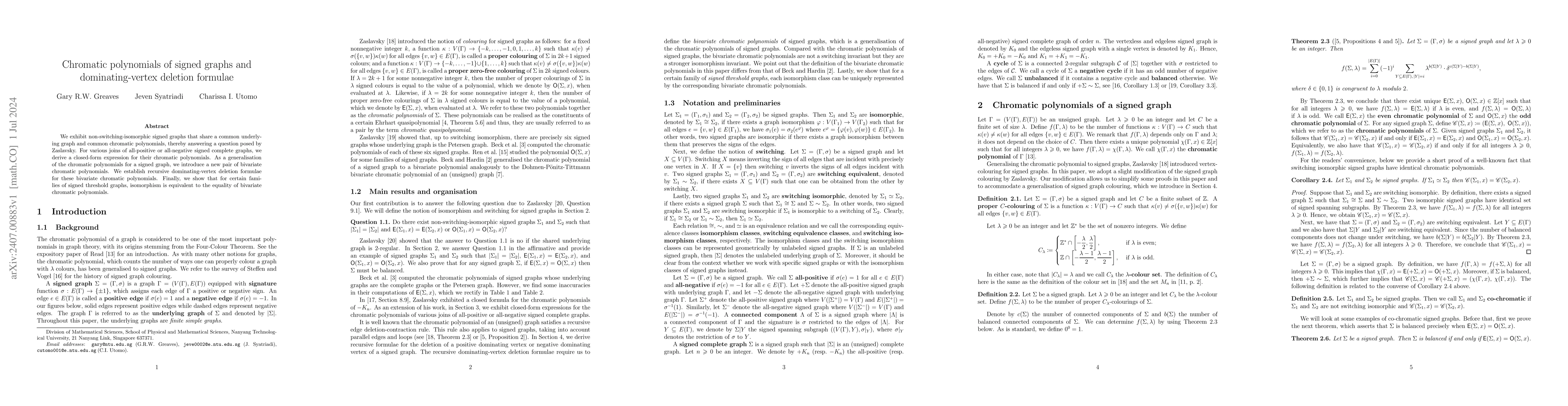 Thumbnail for Chromatic polynomials of signed graphs and dominating-vertex deletion
  formulae