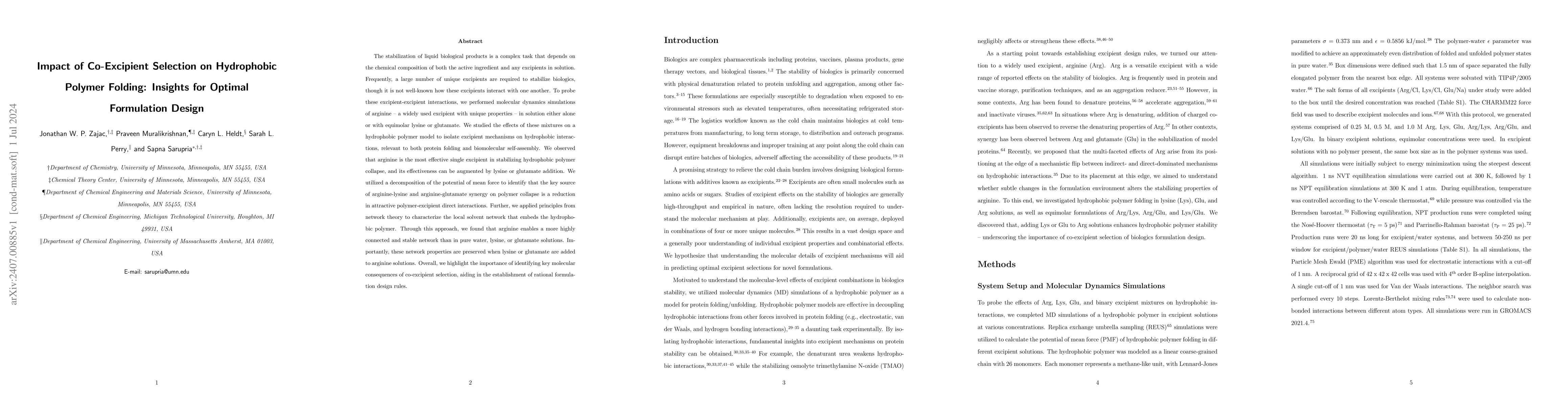 Thumbnail for Impact of Co-Excipient Selection on Hydrophobic Polymer Folding:
  Insights for Optimal Formulation Design