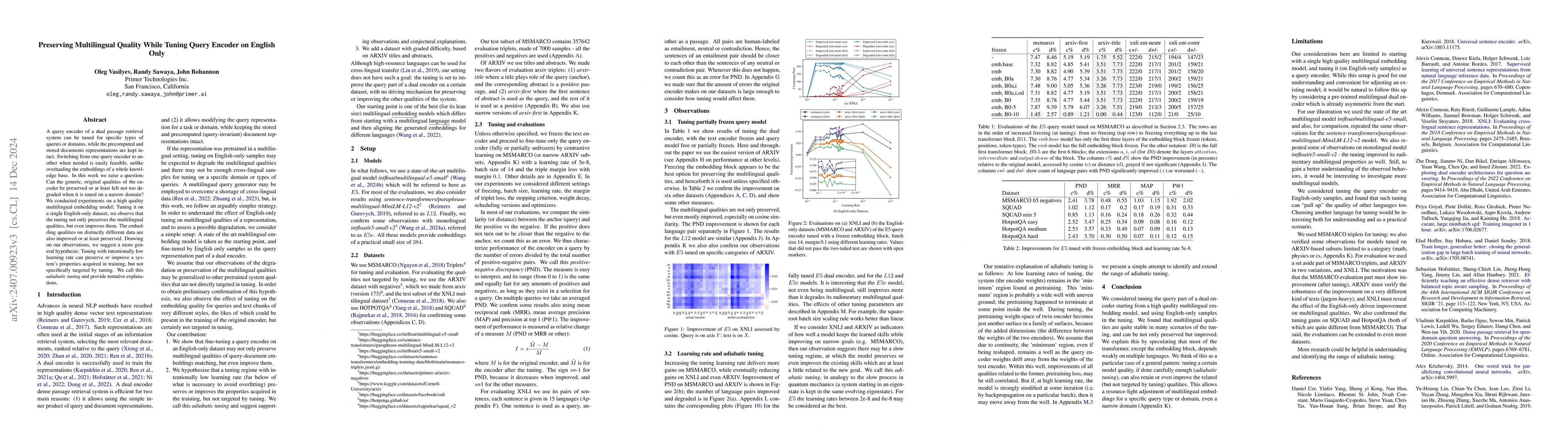 Thumbnail for Preserving Multilingual Quality While Tuning Query Encoder on English
  Only