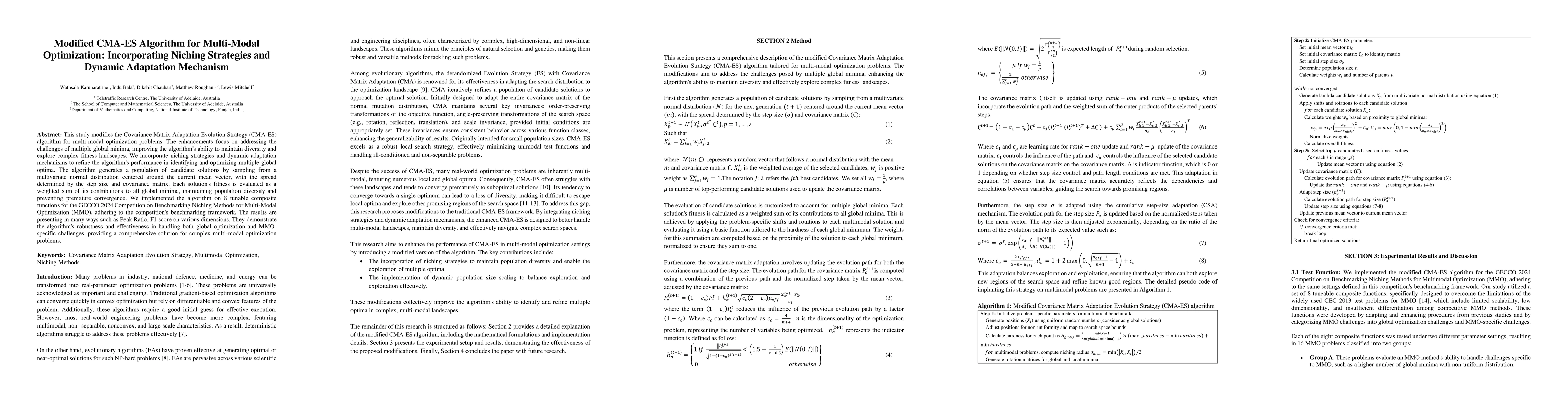 Thumbnail for Modified CMA-ES Algorithm for Multi-Modal Optimization: Incorporating
  Niching Strategies and Dynamic Adaptation Mechanism