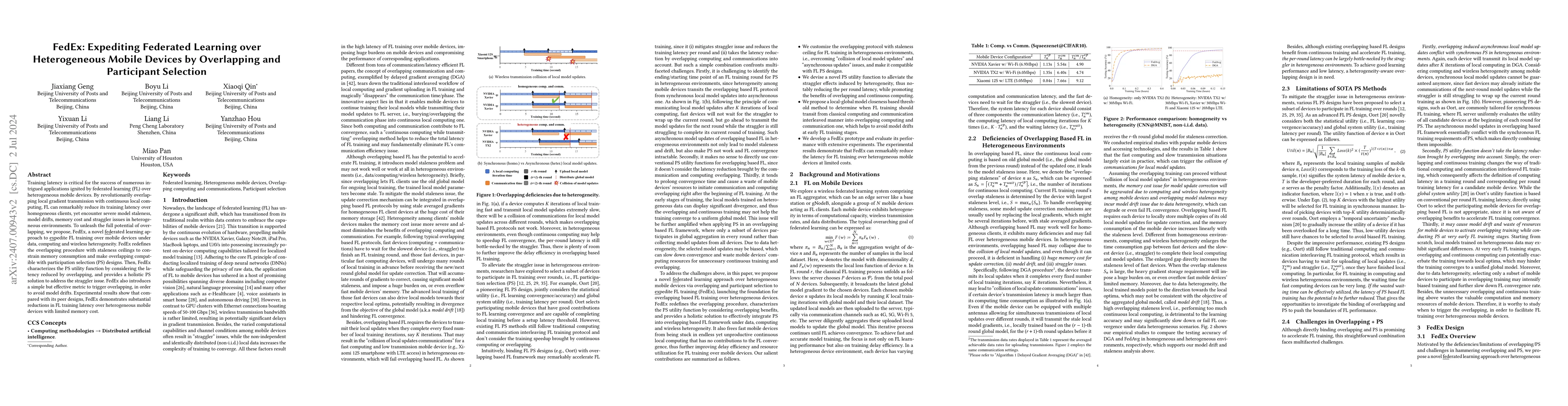 Thumbnail for FedEx: Expediting Federated Learning over Heterogeneous Mobile Devices
  by Overlapping and Participant Selection