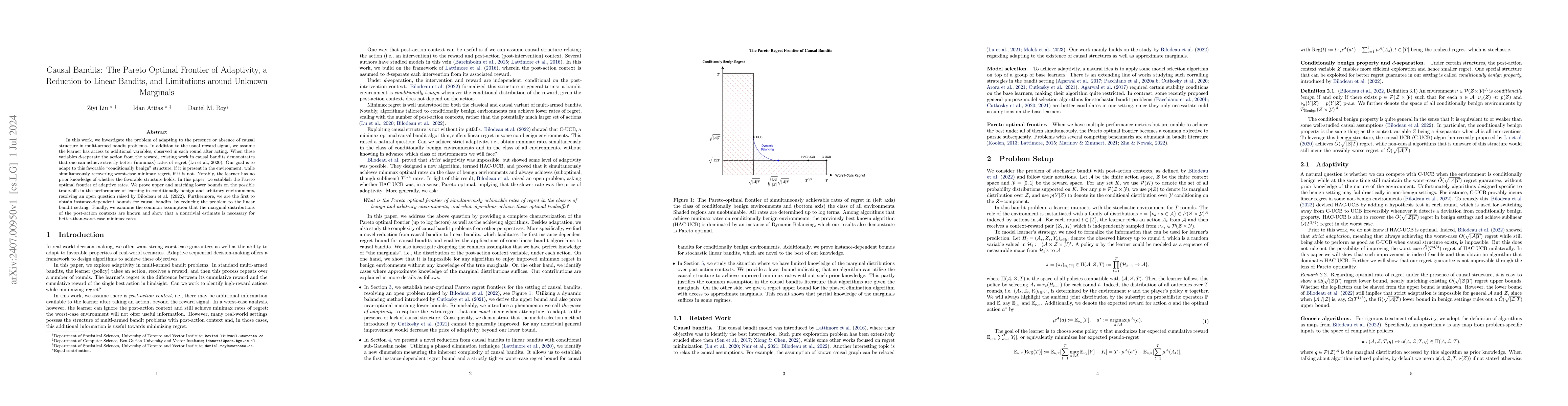 Thumbnail for Causal Bandits: The Pareto Optimal Frontier of Adaptivity, a Reduction
  to Linear Bandits, and Limitations around Unknown Marginals