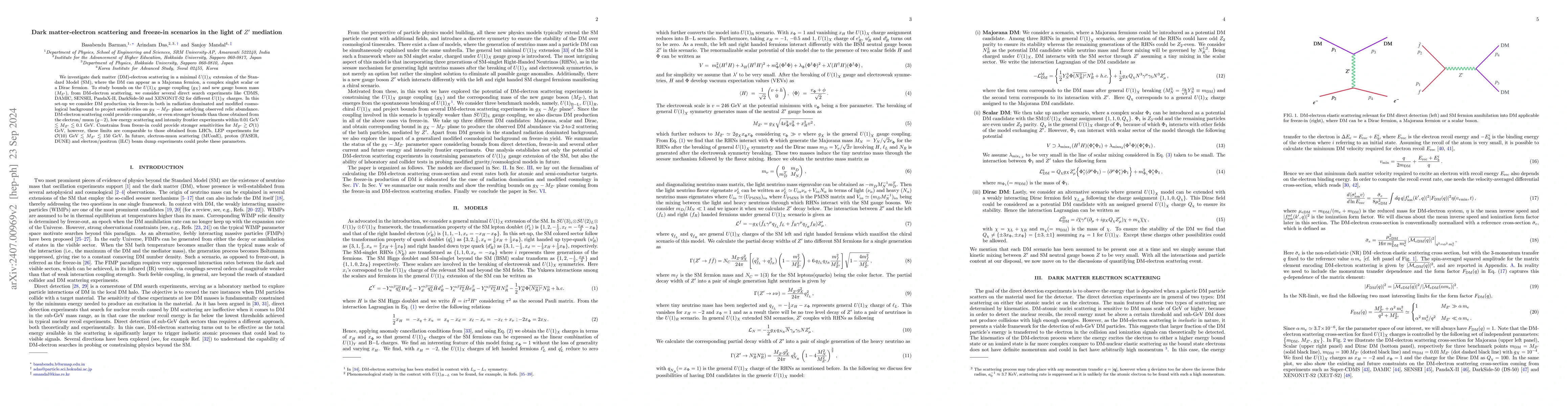 Thumbnail for Dark matter-electron scattering and freeze-in scenarios in the light of
  $Z^\prime$ mediation