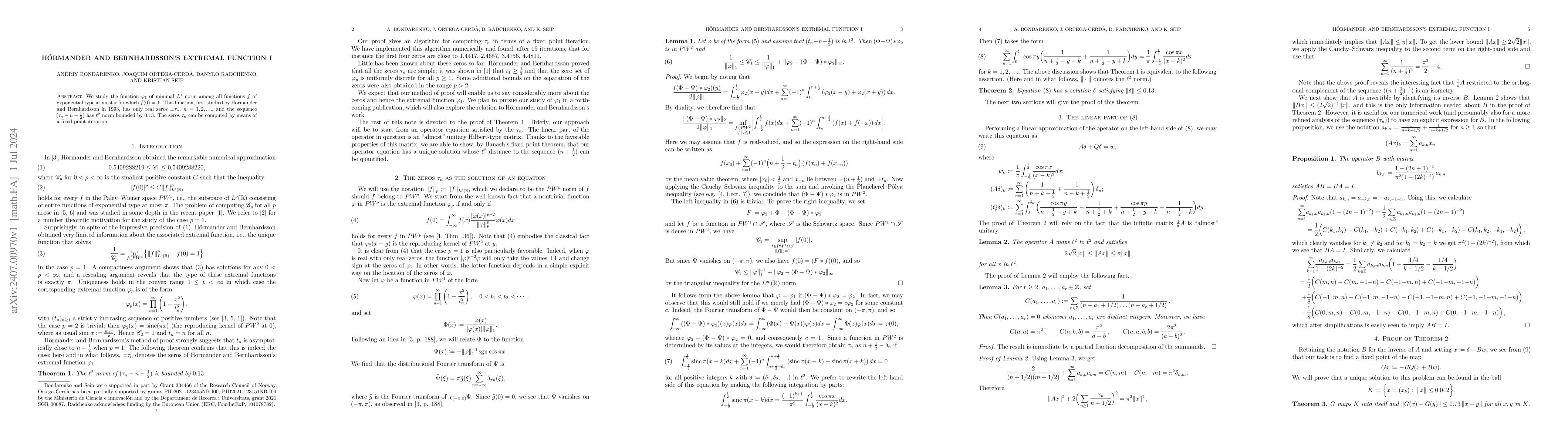 Thumbnail for H\"ormander and Bernhardsson's extremal function I