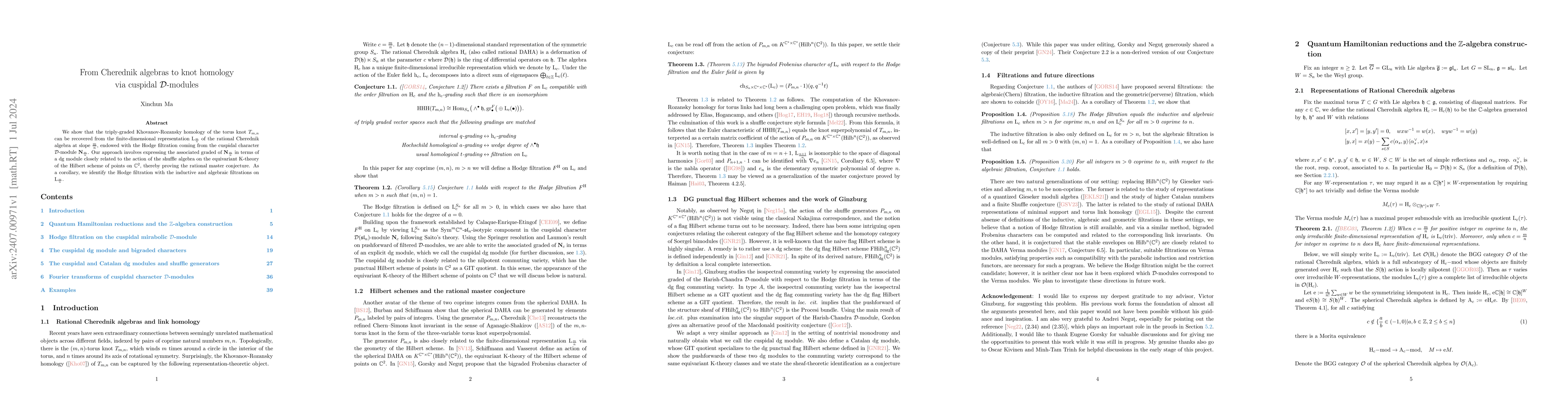 Thumbnail for From Cherednik algebras to knot homology via cuspidal D-modules