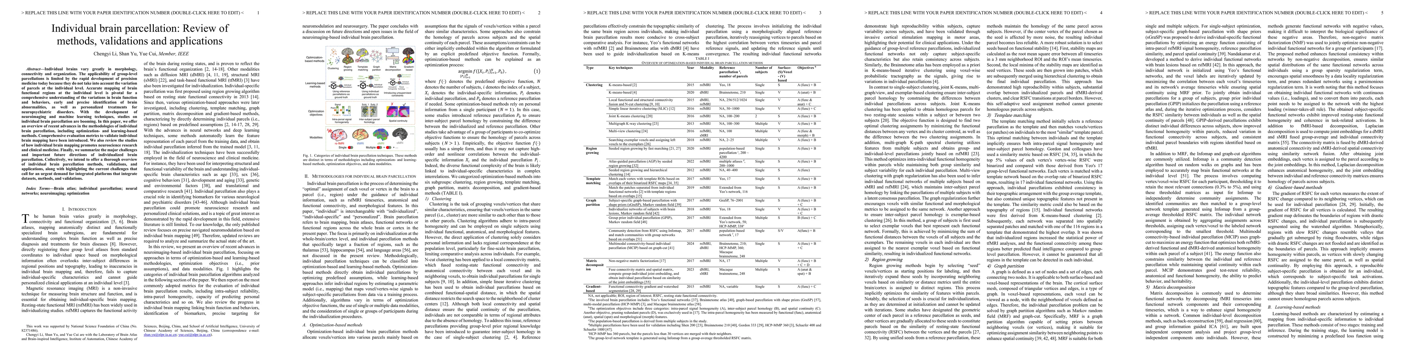 Thumbnail for Individual brain parcellation: Review of methods, validations and
  applications