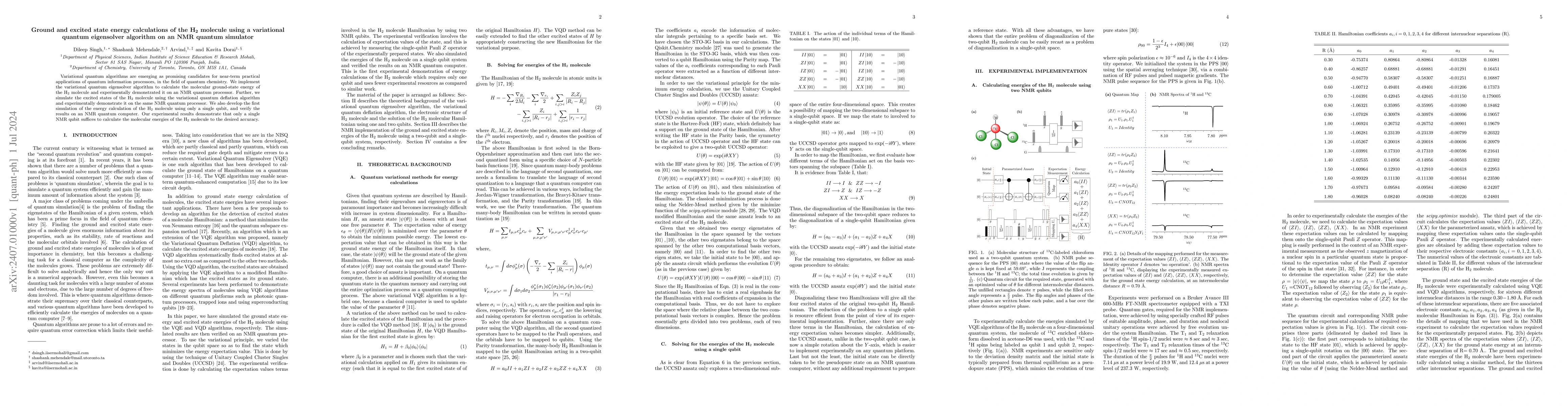 Thumbnail for Ground and excited state energy calculations of the H2 molecule using a
  variational quantum eigensolver algorithm on an NMR quantum simulator