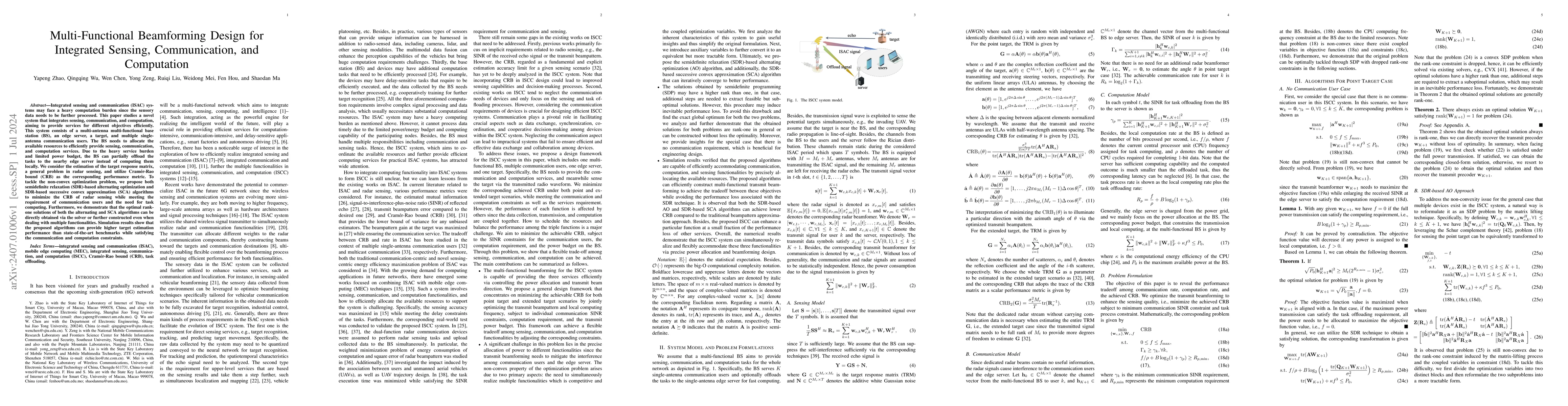 Thumbnail for Multi-Functional Beamforming Design for Integrated Sensing,
  Communication, and Computation