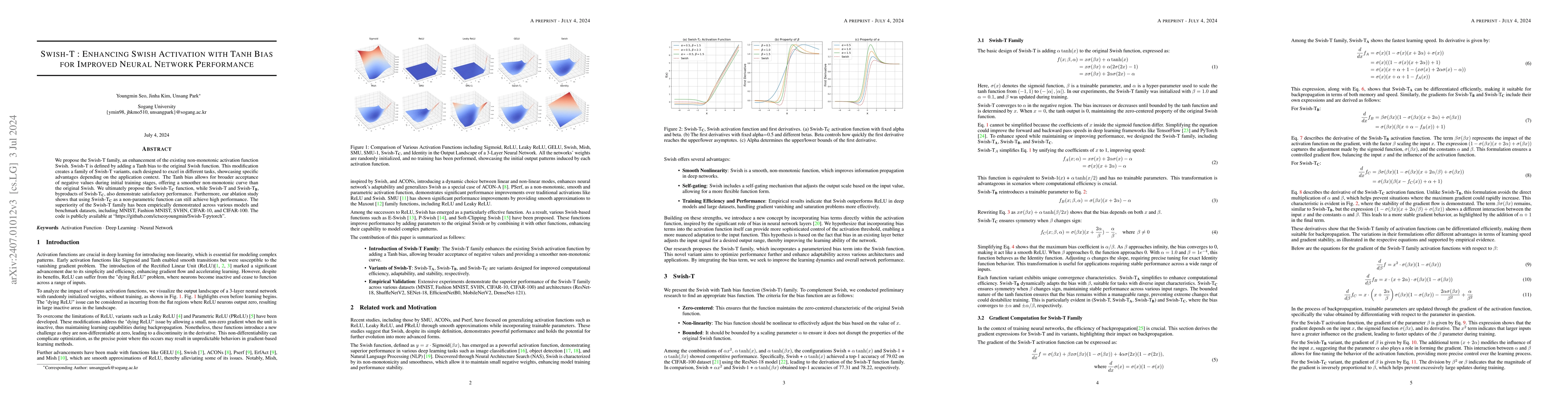 Thumbnail for Swish-T : Enhancing Swish Activation with Tanh Bias for Improved Neural
  Network Performance