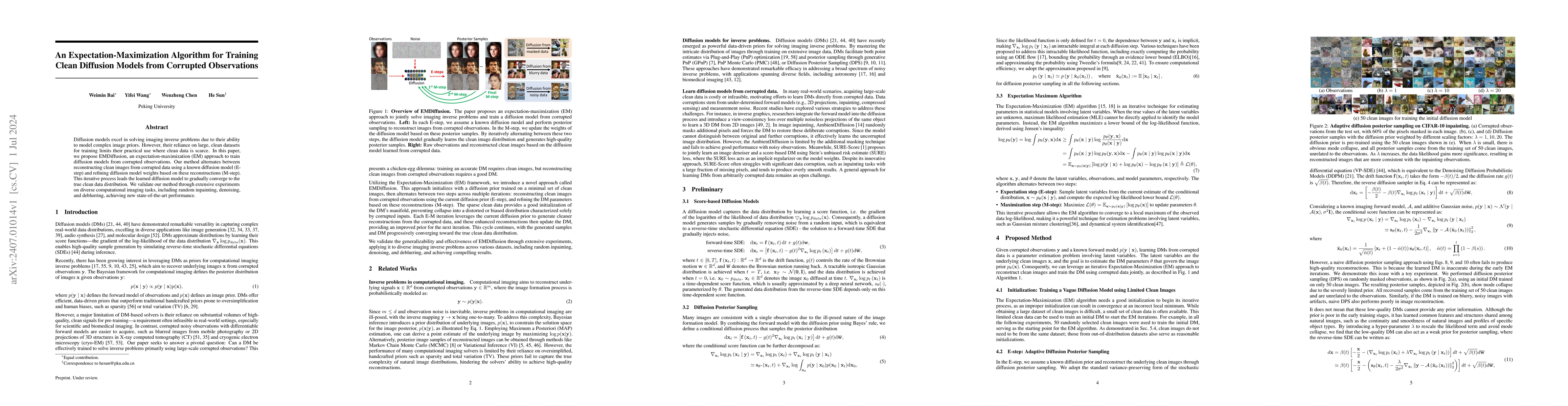 Thumbnail for An Expectation-Maximization Algorithm for Training Clean Diffusion
  Models from Corrupted Observations