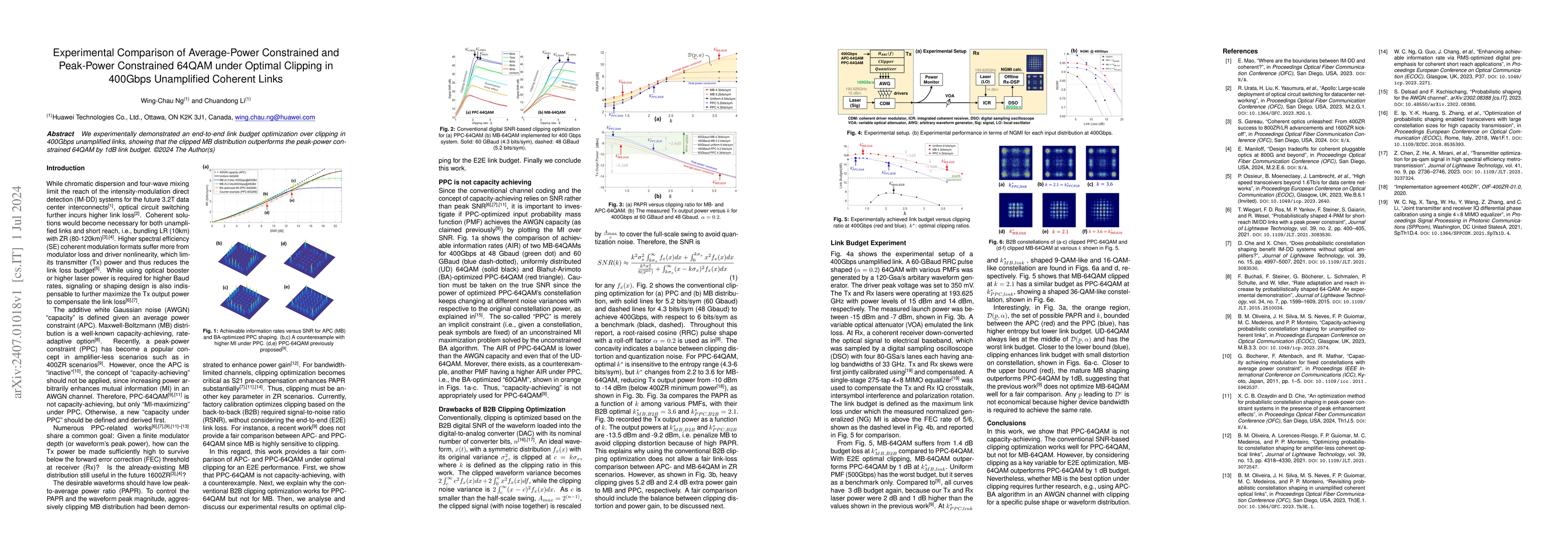 Thumbnail for Experimental Comparison of Average-Power Constrained and Peak-Power
  Constrained 64QAM under Optimal Clipping in 400Gbps Unamplified Coherent
  Links
