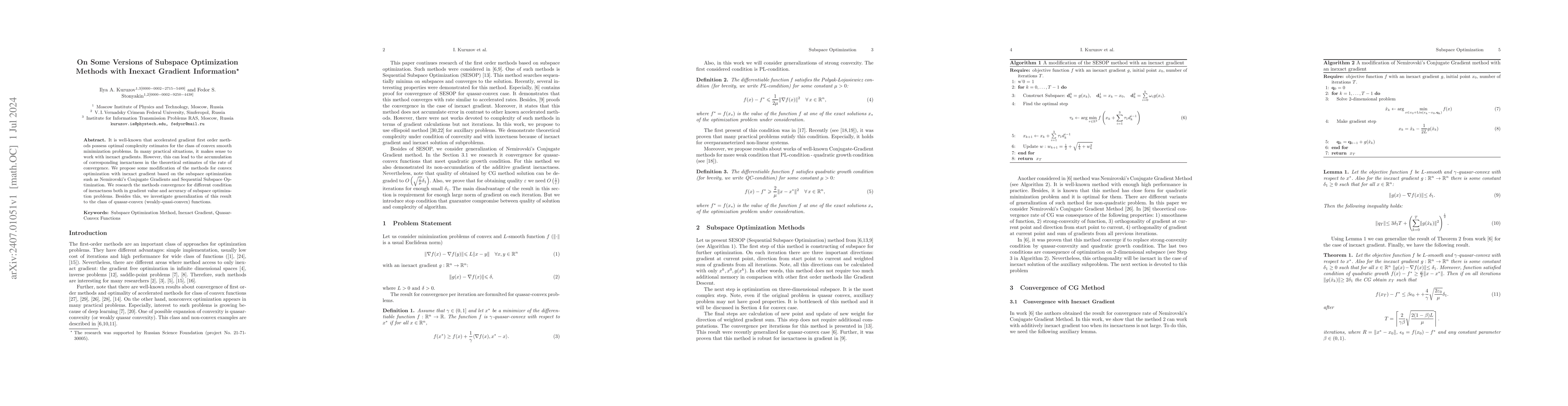Thumbnail for On Some Versions of Subspace Optimization Methods with Inexact Gradient
  Information