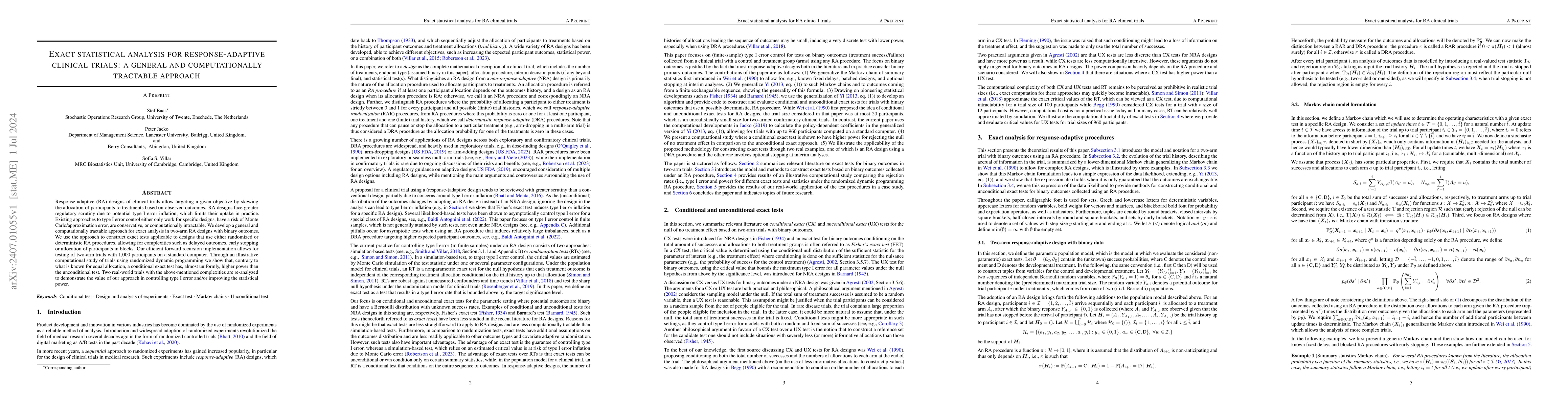 Thumbnail for Exact statistical analysis for response-adaptive clinical trials: a
  general and computationally tractable approach