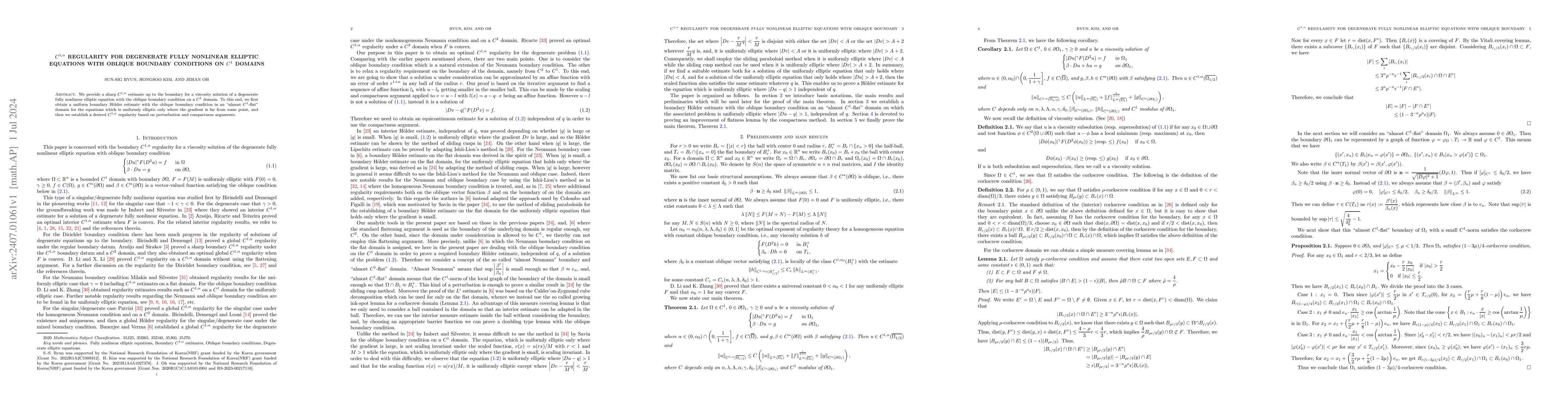 Thumbnail for $C^{1,\alpha}$ regularity for degenerate fully nonlinear elliptic
  equations with oblique boundary conditions on $C^1$ domains