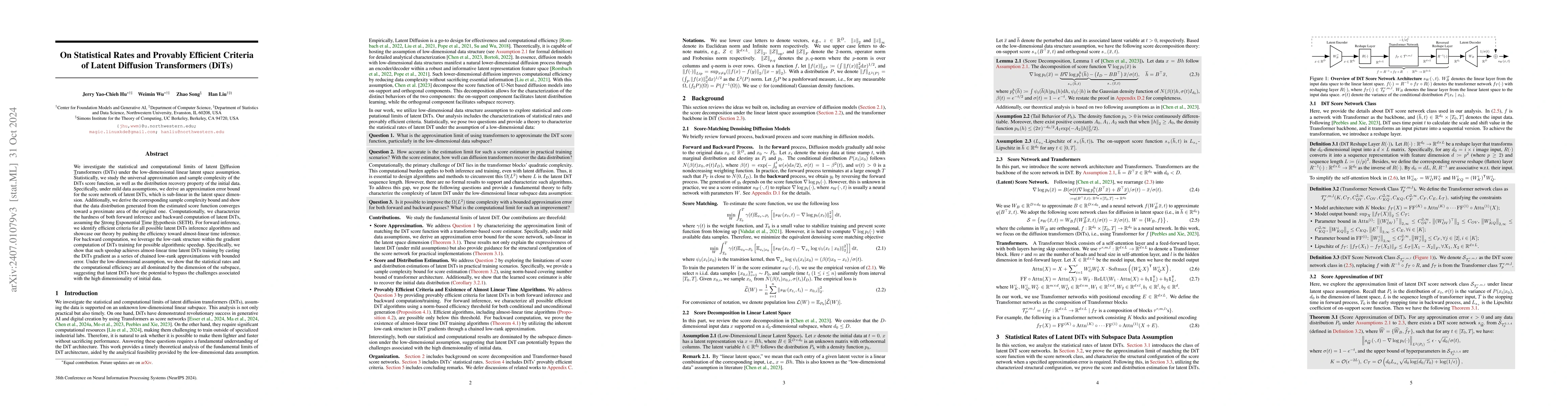 Thumbnail for On Statistical Rates and Provably Efficient Criteria of Latent Diffusion
  Transformers (DiTs)