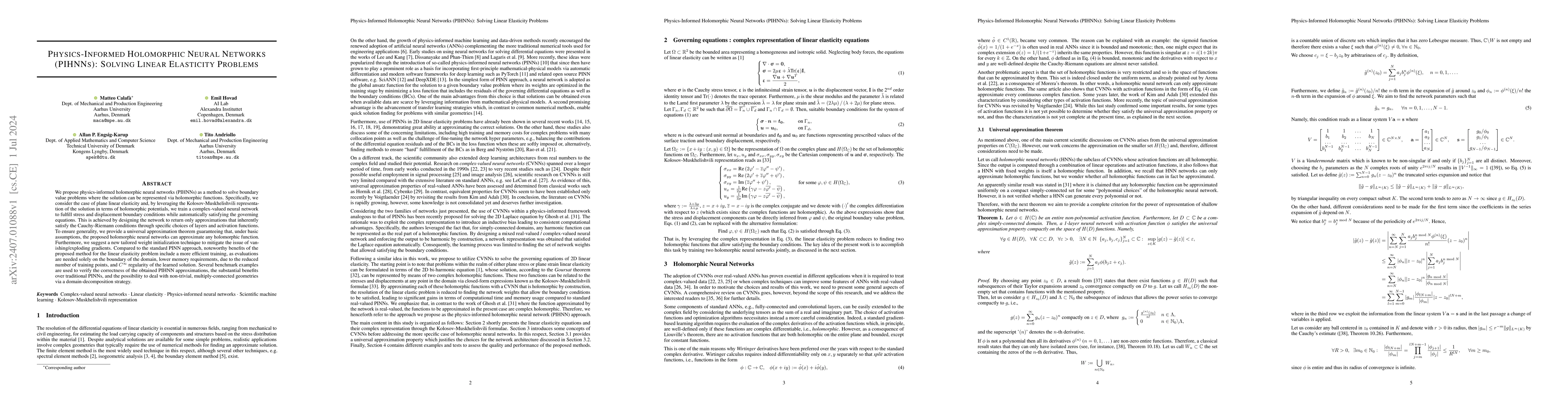 Thumbnail for Physics-Informed Holomorphic Neural Networks (PIHNNs): Solving Linear
  Elasticity Problems