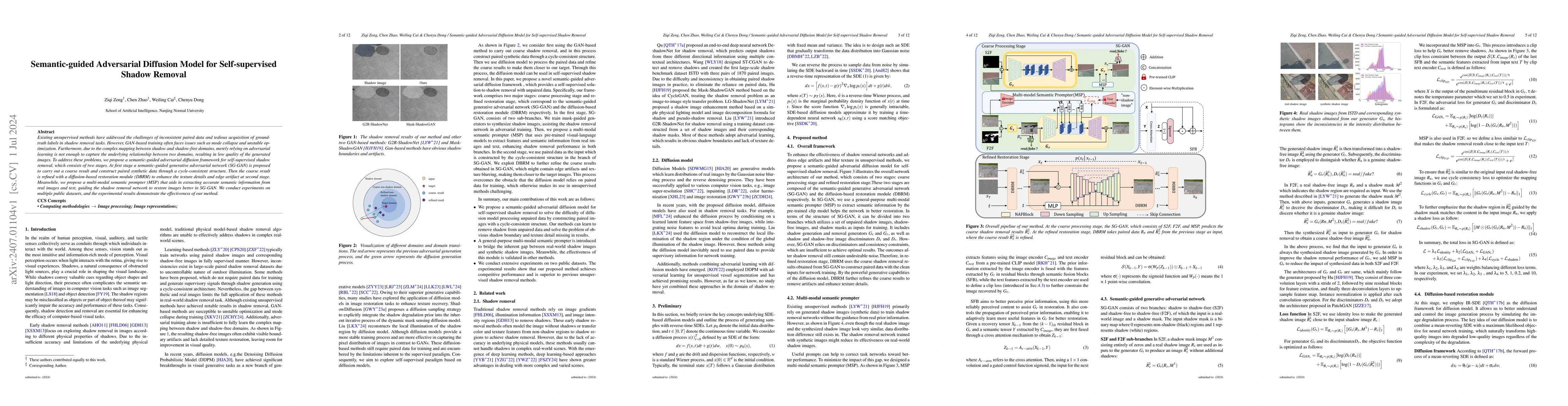 Thumbnail for Semantic-guided Adversarial Diffusion Model for Self-supervised Shadow
  Removal