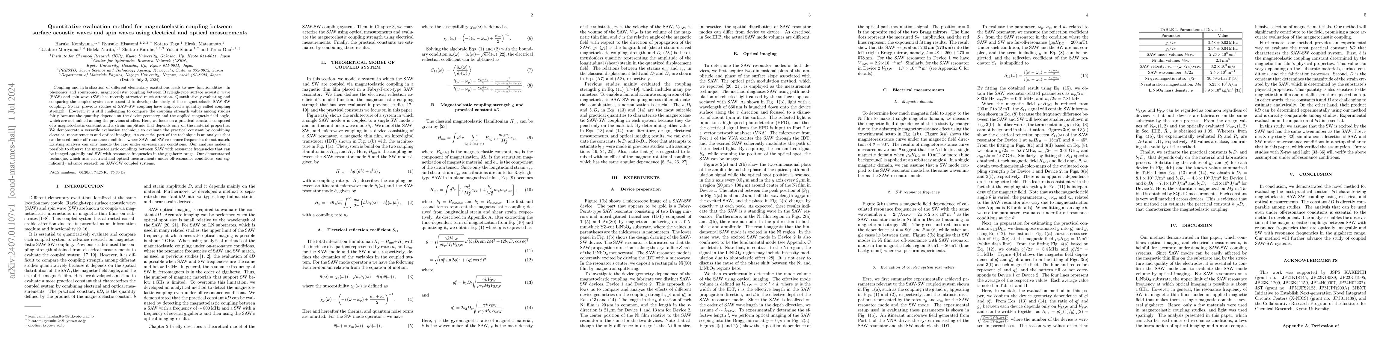 Thumbnail for Quantitative evaluation method for magnetoelastic coupling between
  surface acoustic waves and spin waves using electrical and optical
  measurements