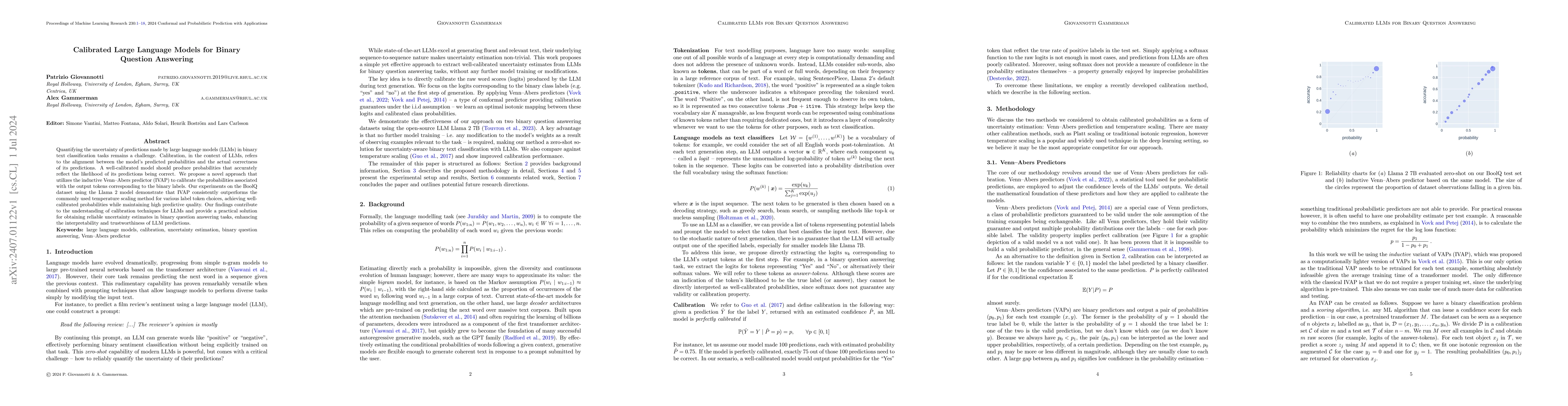 Thumbnail for Calibrated Large Language Models for Binary Question Answering