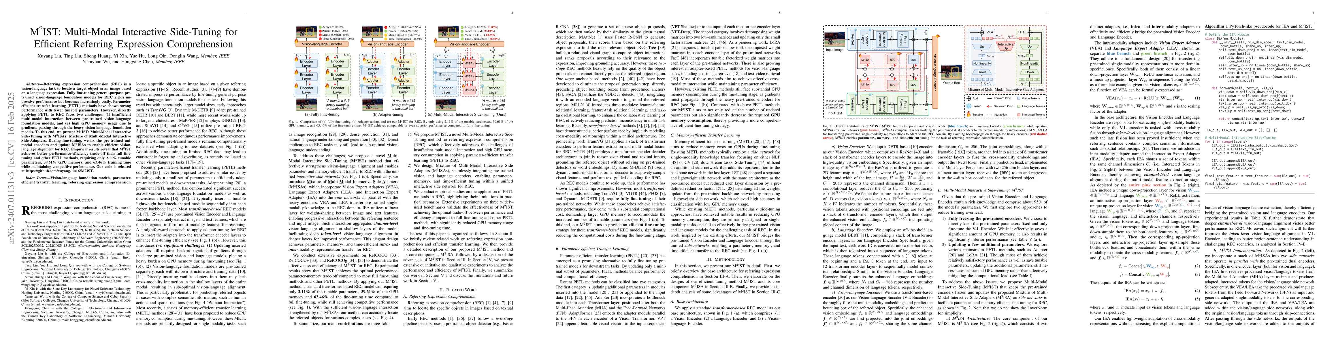 Thumbnail for M$^2$IST: Multi-Modal Interactive Side-Tuning for Memory-efficient
  Referring Expression Comprehension