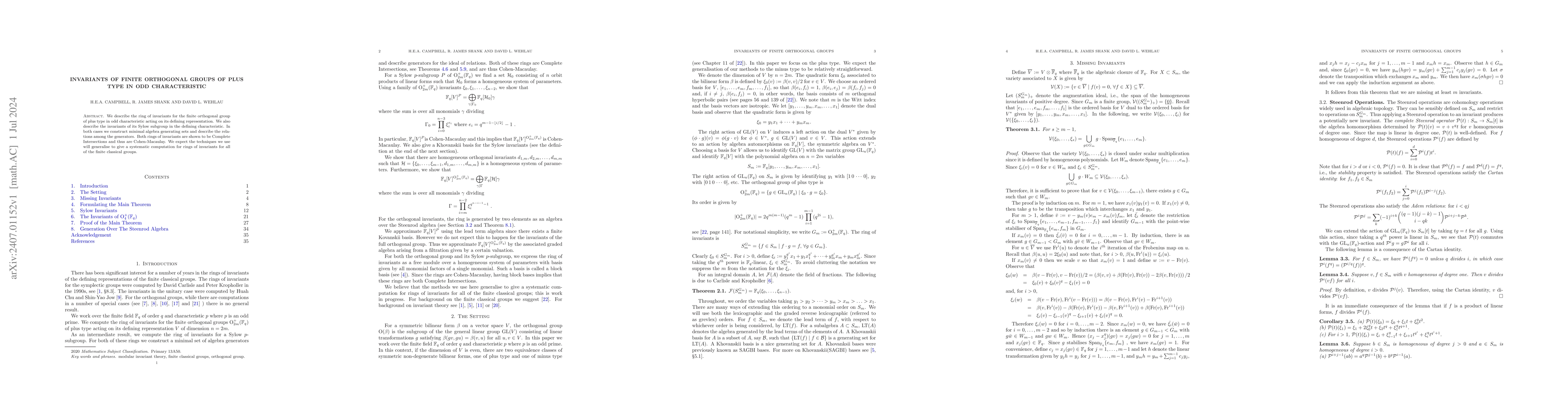 Thumbnail for Invariants of Finite Orthogonal Groups of Plus Type in Odd
  Characteristic