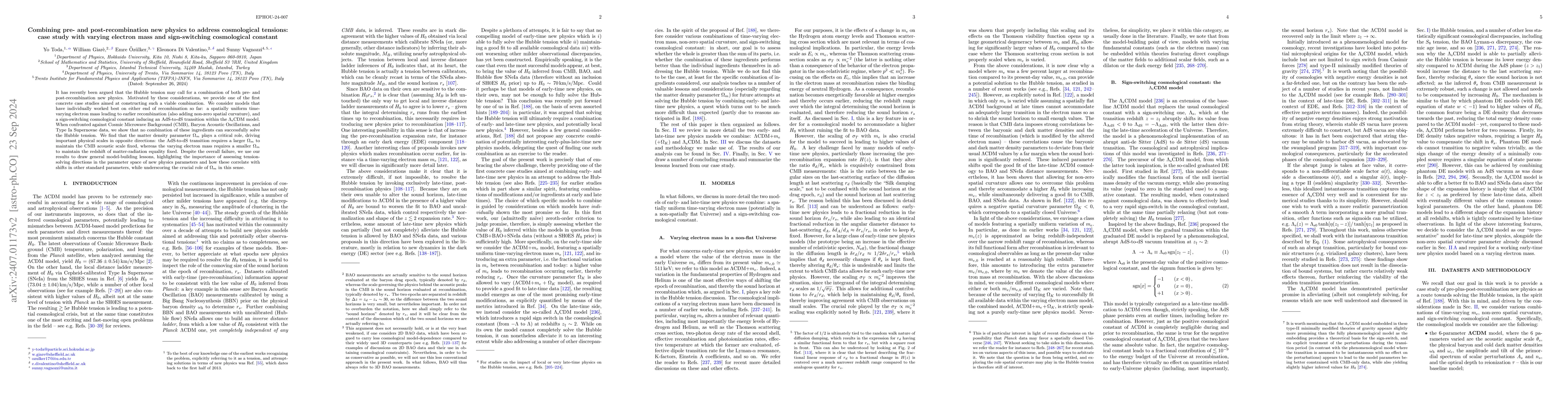 Thumbnail for Combining pre- and post-recombination new physics to address
  cosmological tensions: case study with varying electron mass and a
  sign-switching cosmological constant