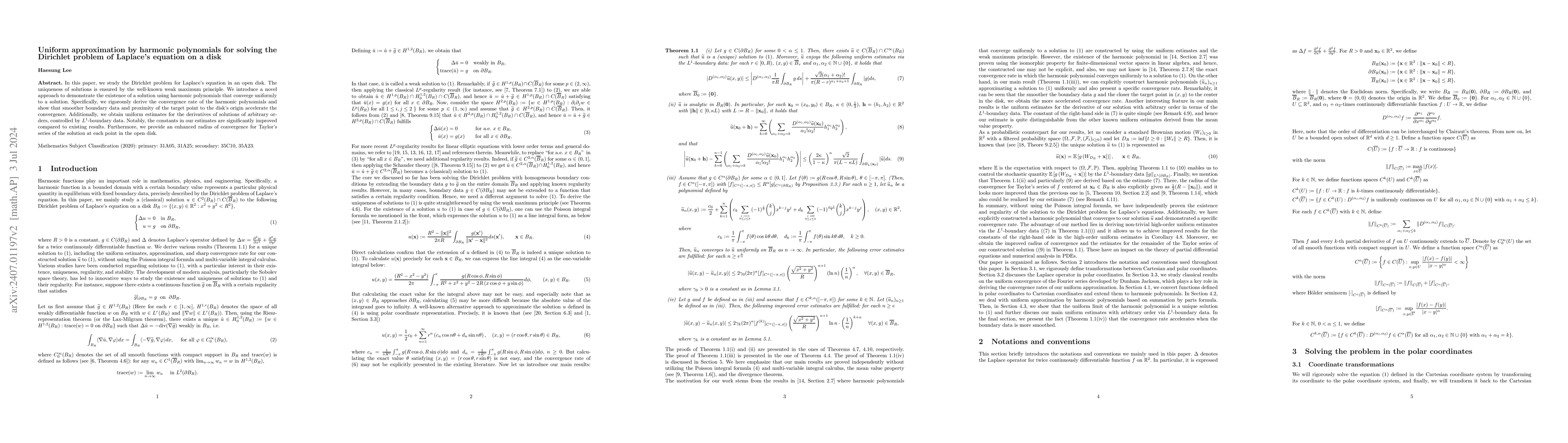 Thumbnail for Uniform approximation by harmonic polynomials for solving the Dirichlet
  problem of Laplace's equation on a disk