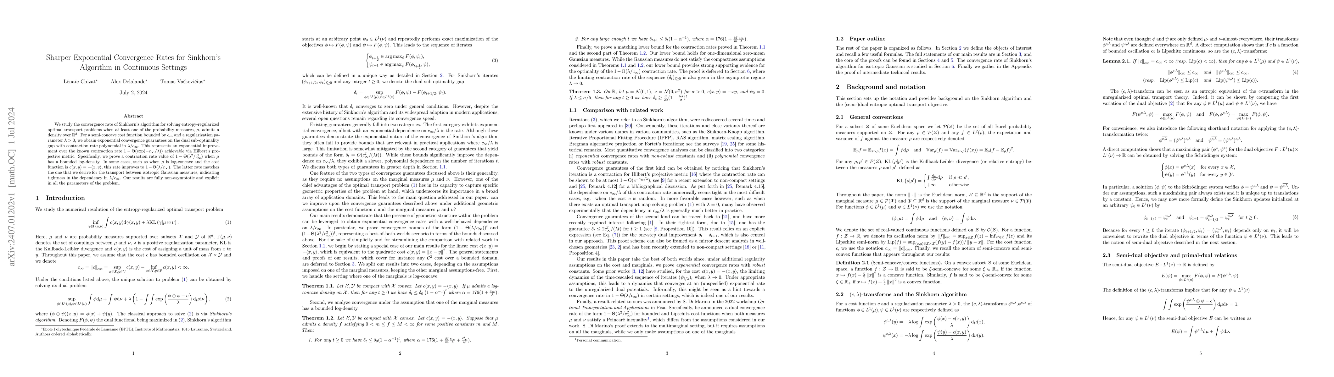 Thumbnail for Sharper Exponential Convergence Rates for Sinkhorn's Algorithm in
  Continuous Settings