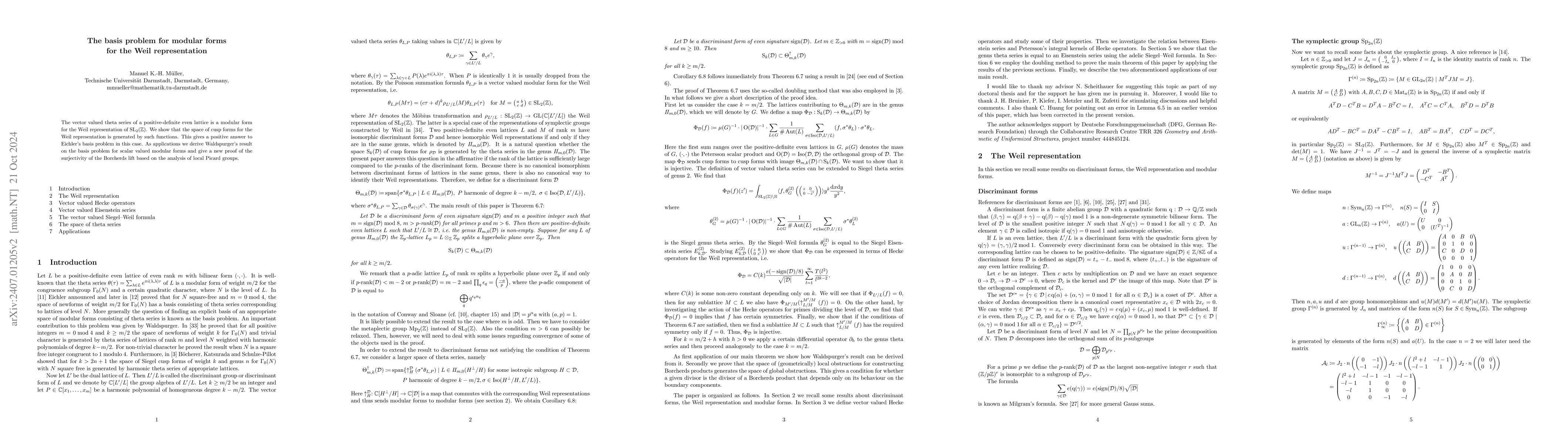 Thumbnail for The basis problem for modular forms for the Weil representation