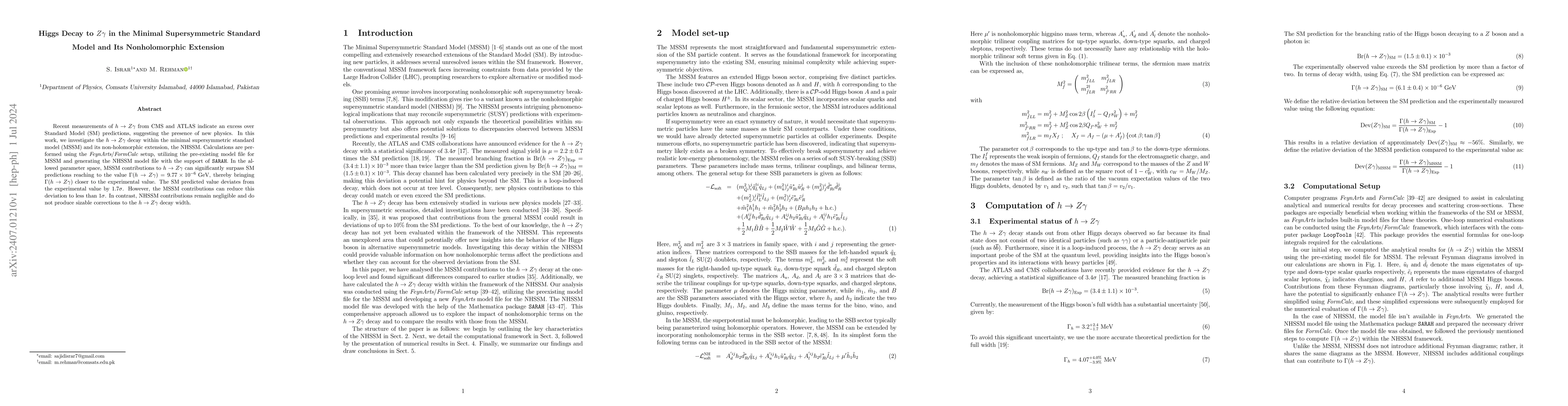 Thumbnail for Higgs Decay to $Z\gamma$ in the Minimal Supersymmetric Standard Model
  and Its Nonholomorphic Extension