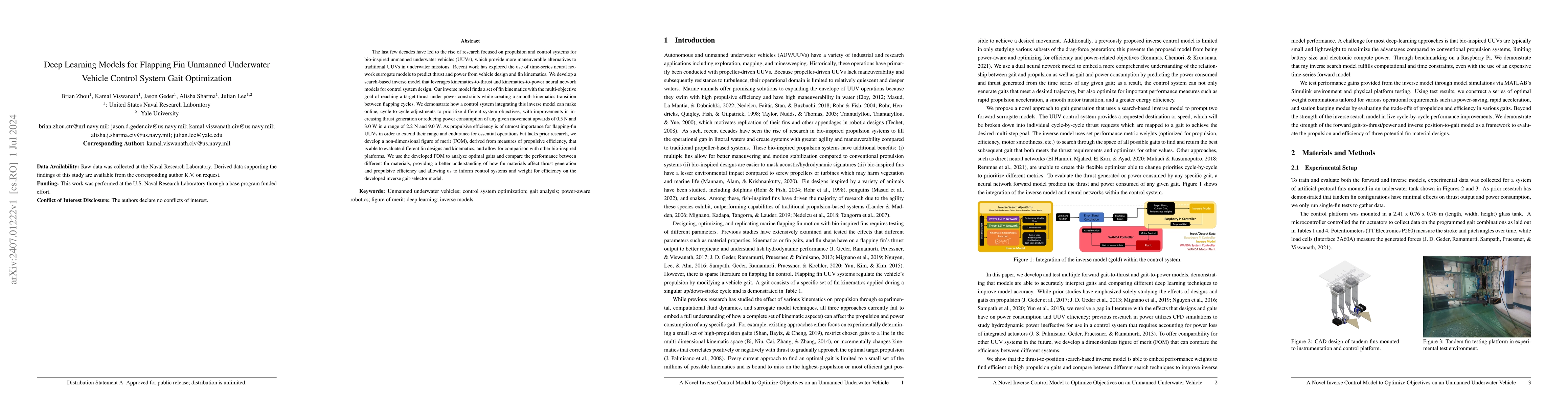 Thumbnail for Deep Learning Models for Flapping Fin Unmanned Underwater Vehicle
  Control System Gait Optimization