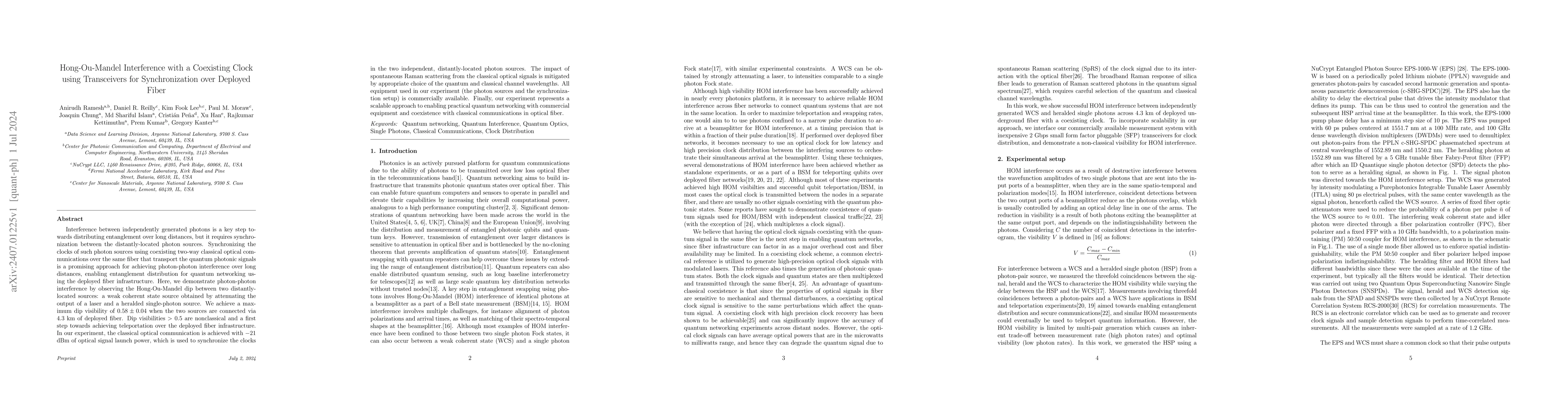 Thumbnail for Hong-Ou-Mandel Interference with a Coexisting Clock using Transceivers
  for Synchronization over Deployed Fiber