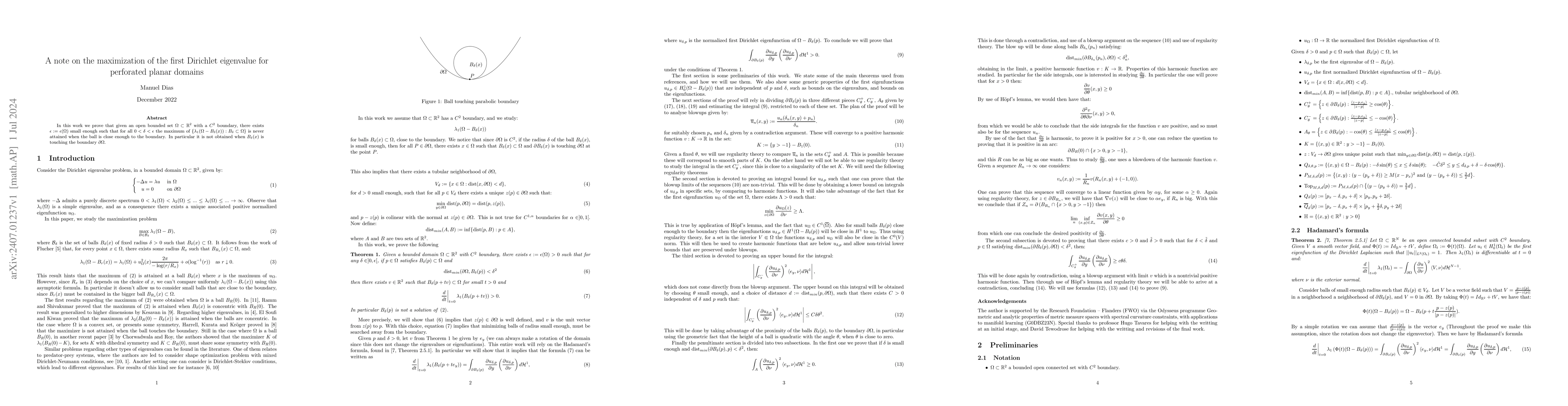 Thumbnail for A note on the maximization of the first Dirichlet eigenvalue for
  perforated planar domains