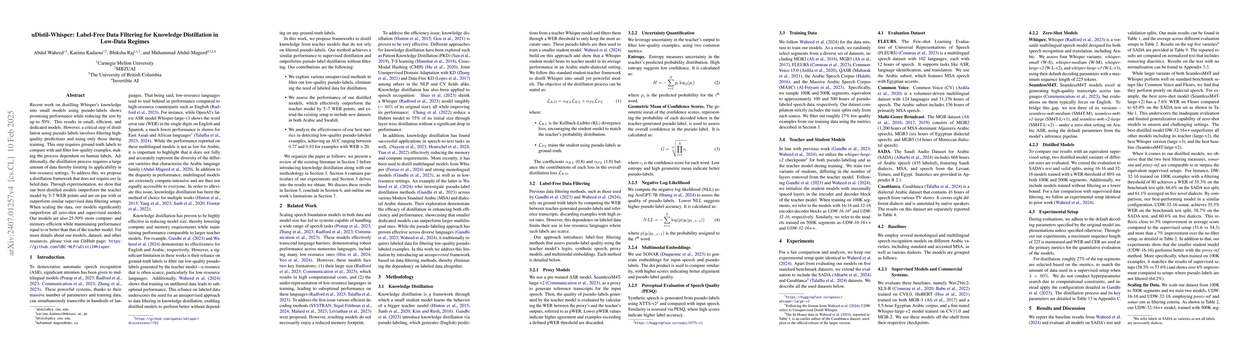 Thumbnail for uDistil-Whisper: Label-Free Data Filtering for Knowledge Distillation
  via Large-Scale Pseudo Labelling