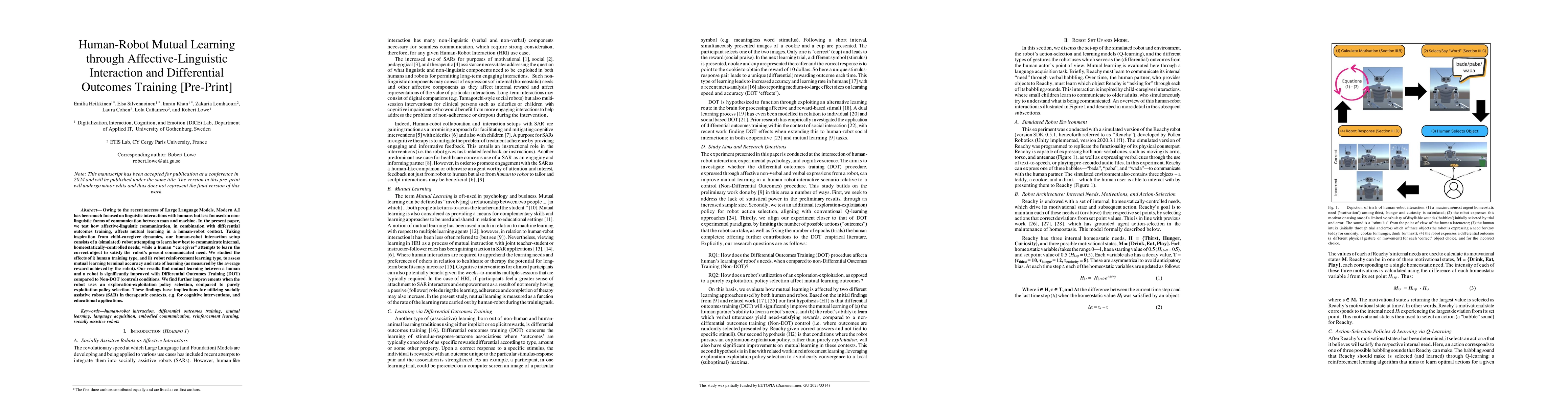 Thumbnail for Human-Robot Mutual Learning through Affective-Linguistic Interaction and
  Differential Outcomes Training [Pre-Print]
