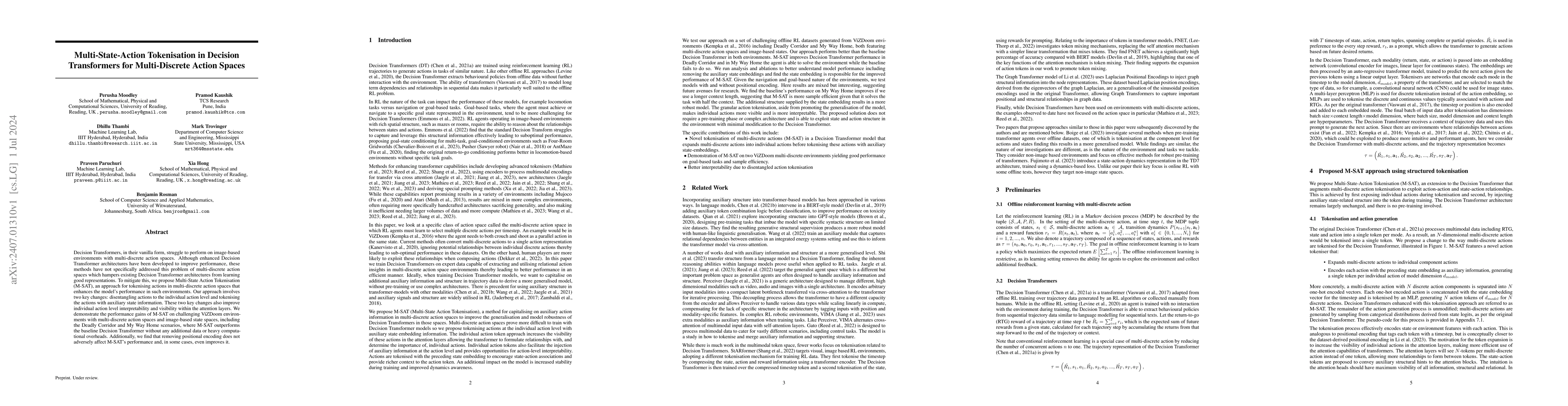 Thumbnail for Multi-State-Action Tokenisation in Decision Transformers for
  Multi-Discrete Action Spaces