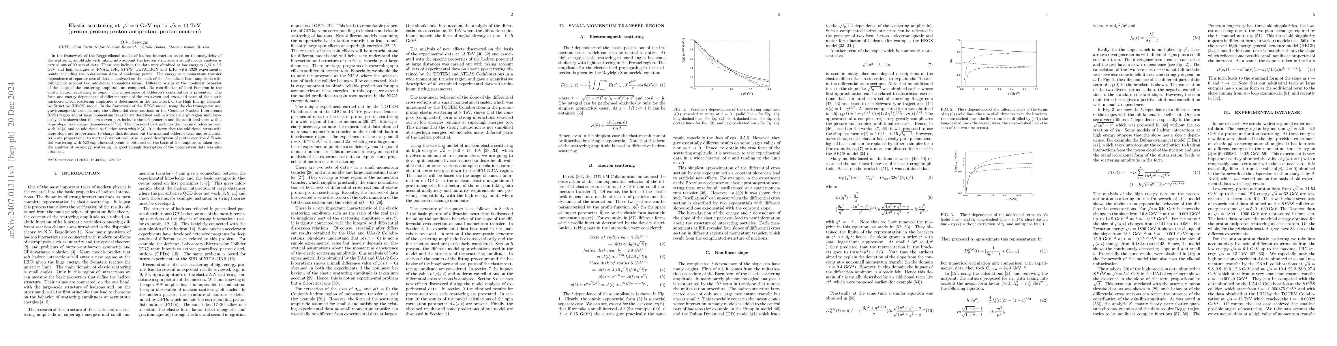 Thumbnail for Elastic scattering at $\sqrt{s} = 6$ GeV up to $ \sqrt{s} = 13$ TeV
  (proton-proton; proton-antiproton; proton-neutron)