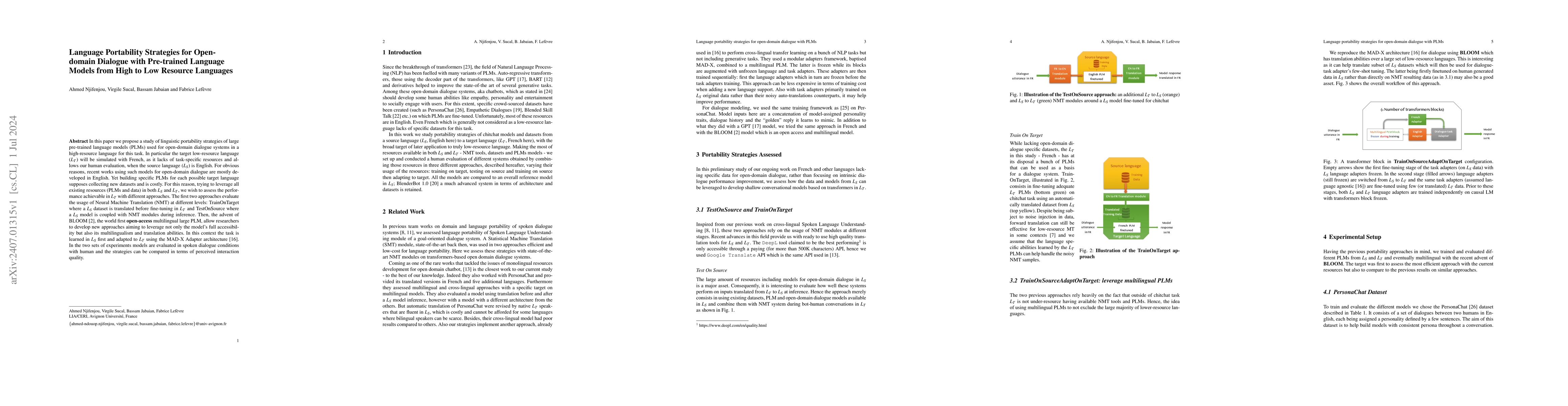 Thumbnail for Language Portability Strategies for Open-domain Dialogue with
  Pre-trained Language Models from High to Low Resource Languages