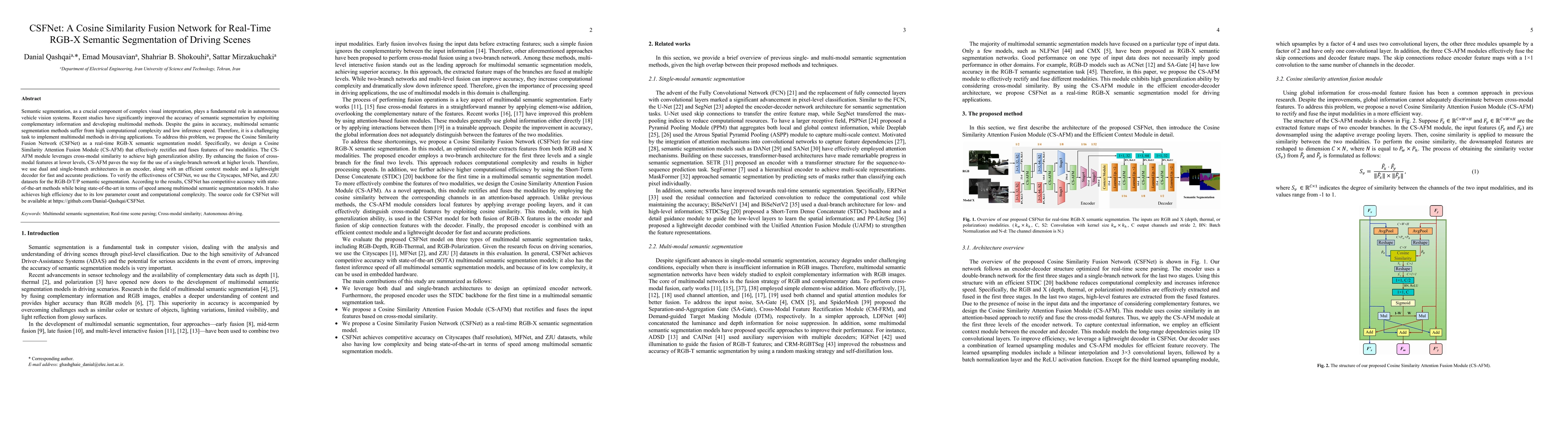 Thumbnail for CSFNet: A Cosine Similarity Fusion Network for Real-Time RGB-X Semantic
  Segmentation of Driving Scenes
