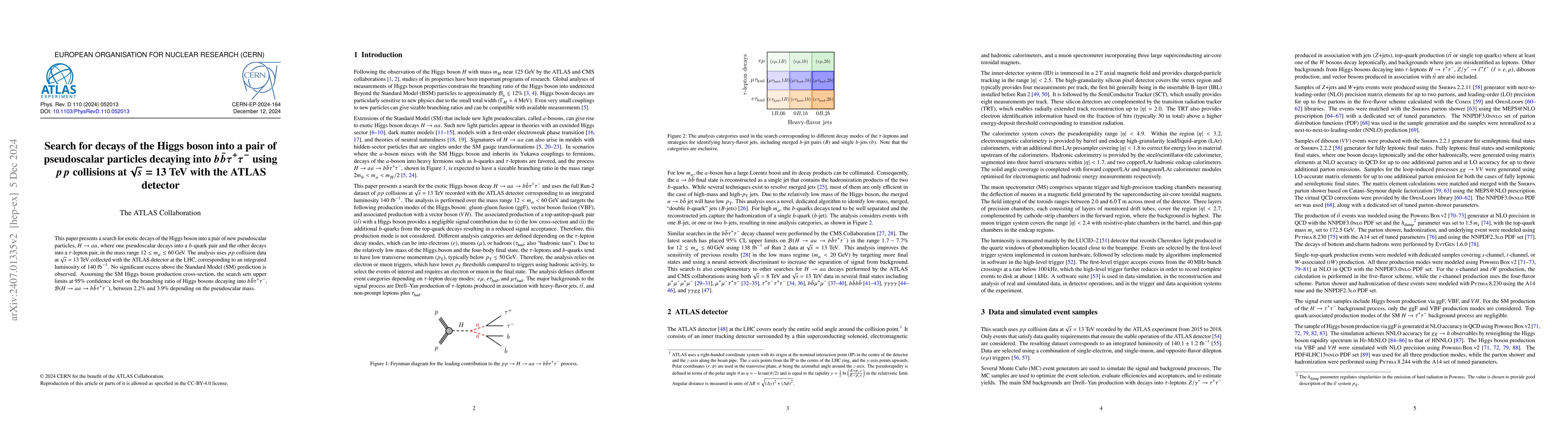 Thumbnail for Search for decays of the Higgs boson into a pair of pseudoscalar
  particles decaying into $b\bar{b}\tau^+\tau^-$ using $pp$ collisions at
  $\sqrt{s}=13$ TeV with the ATLAS detector