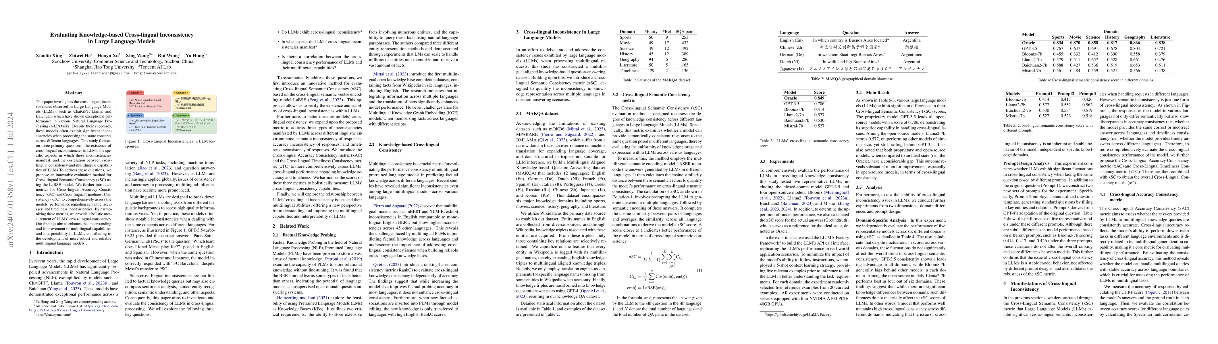 Thumbnail for Evaluating Knowledge-based Cross-lingual Inconsistency in Large Language
  Models