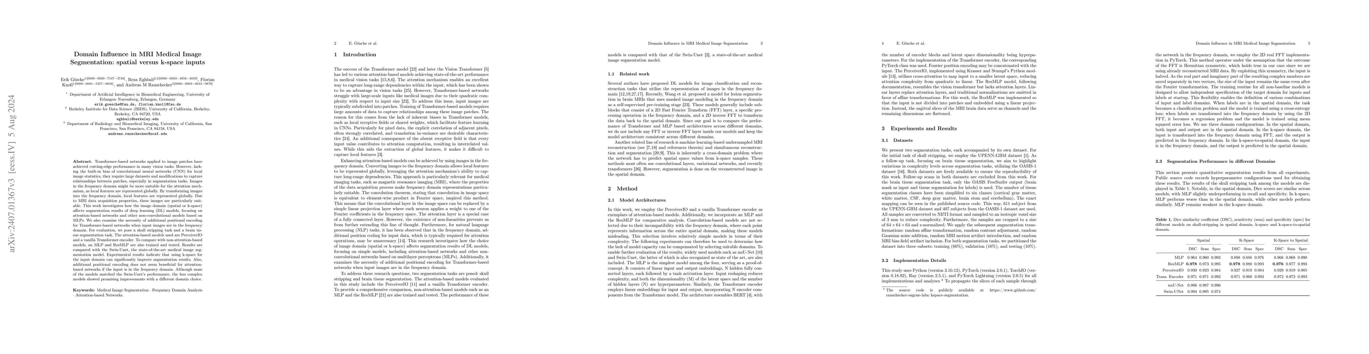 Thumbnail for Domain Influence in MRI Medical Image Segmentation: spatial versus
  k-space inputs