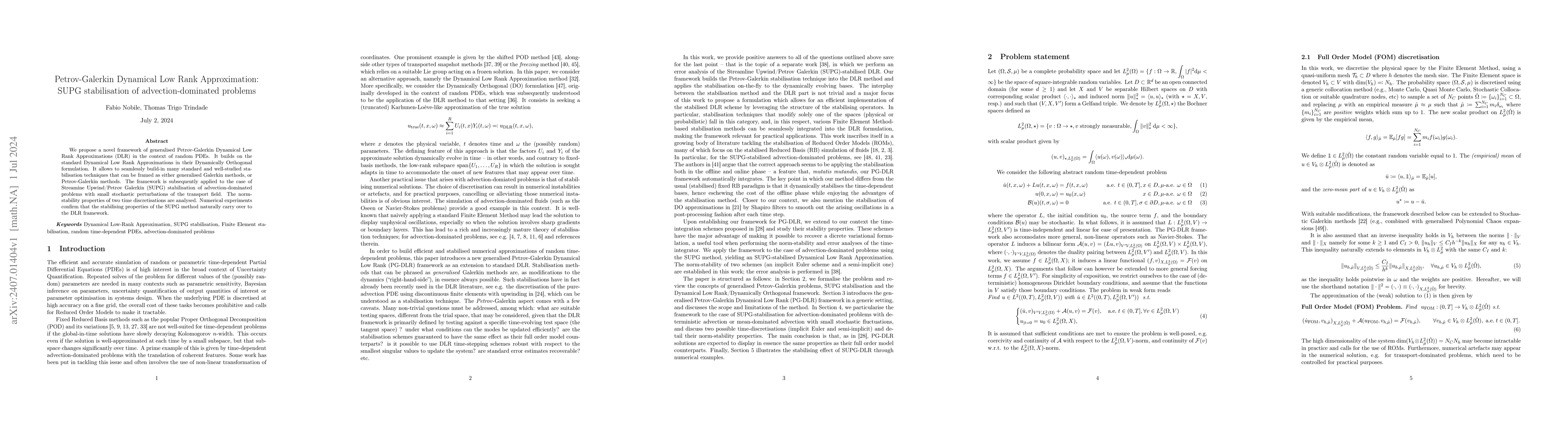 Thumbnail for Petrov-Galerkin Dynamical Low Rank Approximation:SUPG stabilisation of
  advection-dominated problems