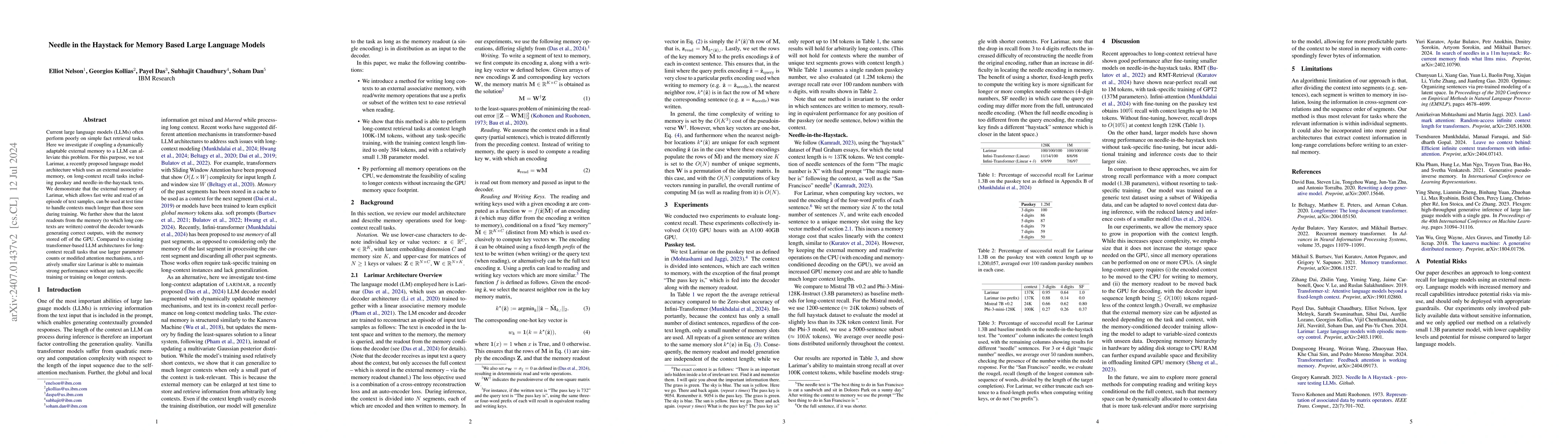 Thumbnail for Needle in the Haystack for Memory Based Large Language Models