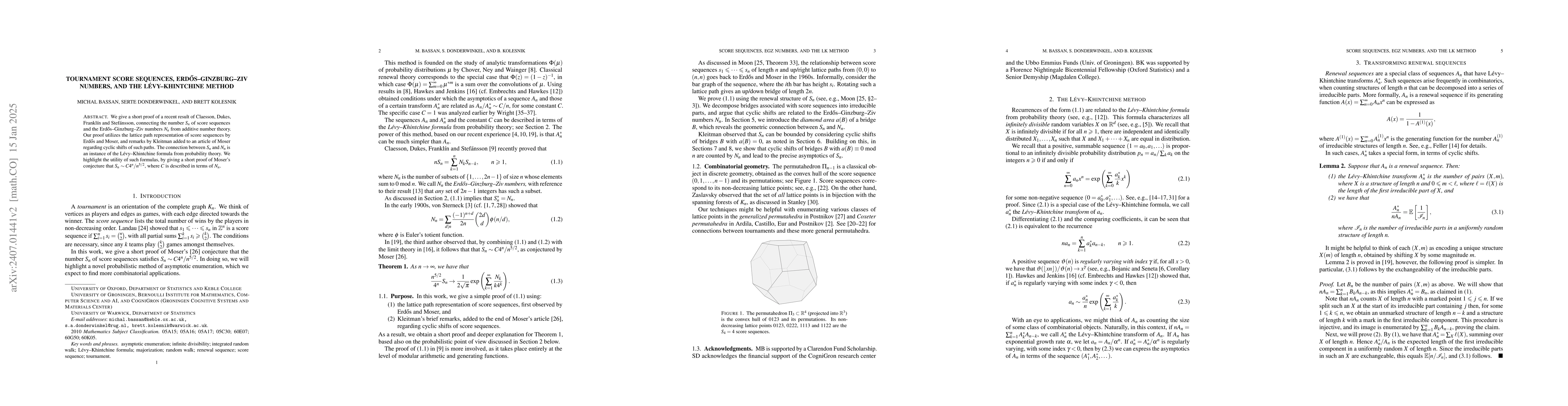 Thumbnail for Tournament score sequences, Erd\H{o}s-Ginzburg-Ziv numbers, and the
  L\'evy-Khintchine method